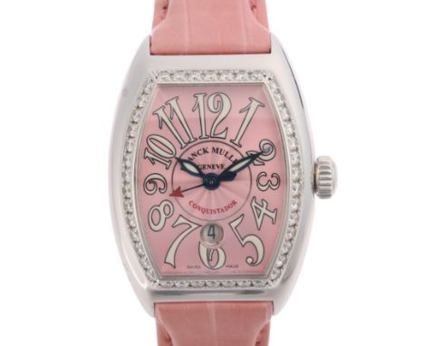 FRANCK MULLER - a lady's stainless steel Master Of Complication Conquistador Tonneau automatic calendar wristwatch, ref. 8005