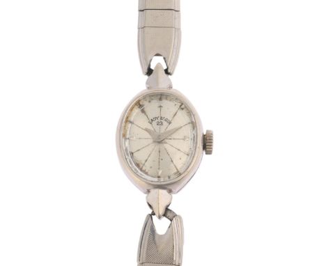 LADY ELGIN - a lady's Vintage 14ct white gold mechanical wristwatch, silvered dial with arrowhead hour markers, dauphine hand