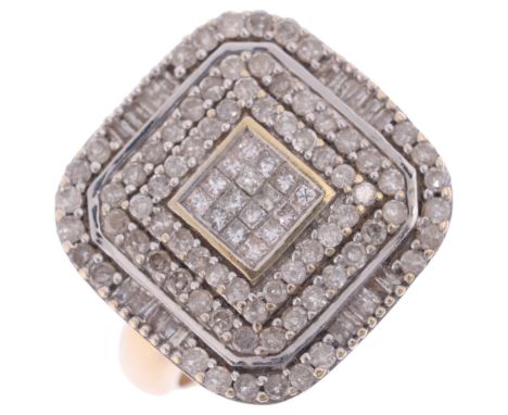 A 9ct gold diamond cluster platinum ring, set with Princess baguette and single-cut diamonds, setting height 17mm, size O, 5g