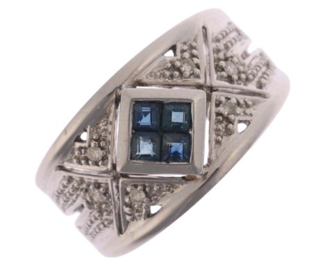 A 9ct white gold sapphire and diamond band ring, maker MG, set with calibre-cut sapphires and modern round brilliant-cut diam