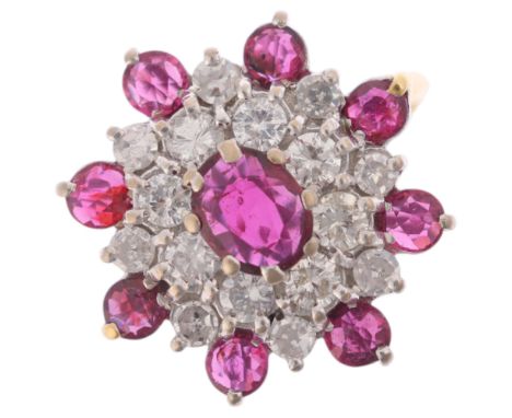 An 18ct gold ruby and diamond snowflake cluster ring, maker PS Ltd, London 1974, set with oval and round-cut rubies and moder