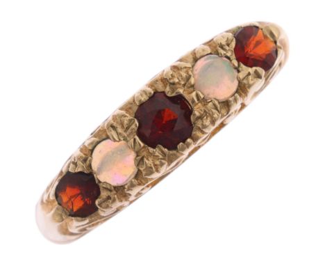 A 9ct gold five stone garnet and opal half hoop ring, maker J&J, London 1992, setting height 5mm, size N, 2.8g . Condition Re