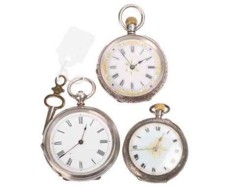 3 Continental silver-cased open-face fob watches, largest case width 39mm (3) . Condition Report:Lot sold as seen unless spec