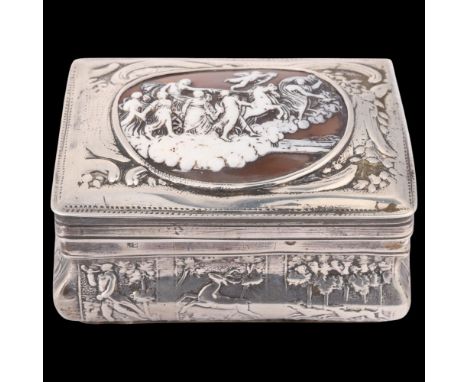An Antique Dutch silver table snuff box, shaped rectangular form, with inset relief carved shell cameo plaque depicting Class