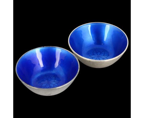 ANTON MICHELSEN - a pair of Danish modernist sterling silver blue enamel salt cellar cruets, with floral bowls, 5cm, 1oz tota