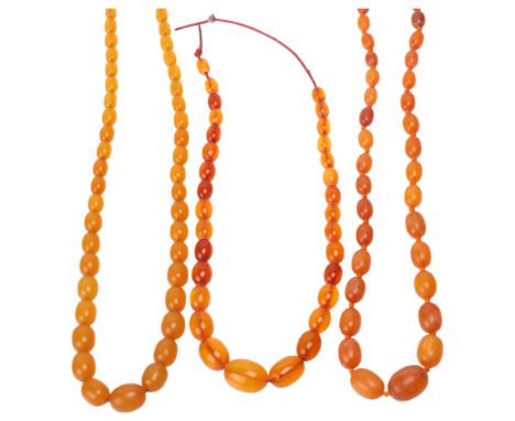 3 amber bead necklaces, including single-strand graduated butterscotch example, beads measure: 16.3mm - 6.5mm, 56cm, 15.9g, 2
