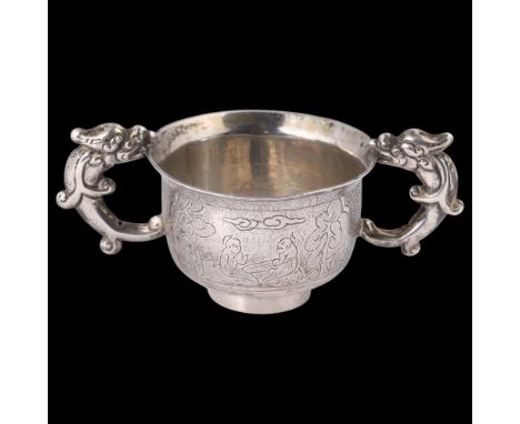 An Antique Chinese silver 2-handled tea bowl, 18th century, circular form, with engraved figural decoration and dragon handle