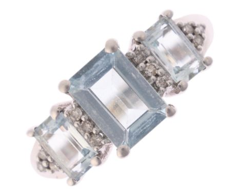 A 9ct white gold aquamarine and diamond half hoop ring, set with rectangular step-cut aquamarines and single-cut diamonds, se