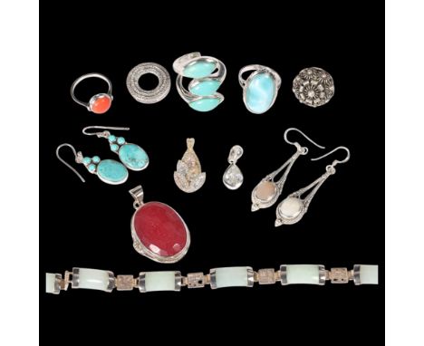 Various silver jewellery, including jade bracelet, turquoise ring, earrings, etc, 79.7g gross . Condition Report:Lot sold as 