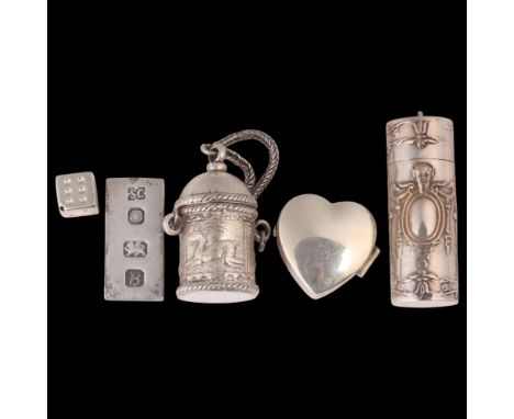 Various silver, including ingot, sewing thread travelling case, heart pillbox, etc . Condition Report:Lot sold as seen unless