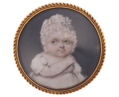 An Antique Victorian miniature watercolour portrait brooch/pendant, the panel hand painted depicting a baby, beneath convex g