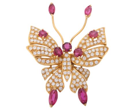 An 18ct gold ruby and diamond butterfly brooch, the head, wing tips and antennae set with round and marquise-cut rubies, furt