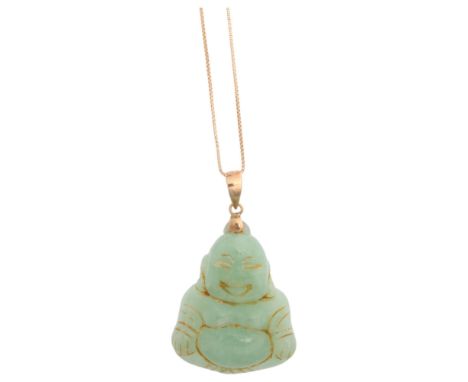 A Chinese jade Buddha pendant necklace, on 14ct gold fine box link chain, pendant 35.2mm, chain 44cm, 5.8g . Condition Report