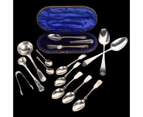 Various silver flatware, including pair of George III Old English pattern tablespoons, London 1774, with engraved crowned ini