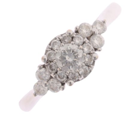 An 18ct white gold diamond cluster ring, set with modern round brilliant-cut diamonds, total diamond content approx 0.5ct, se