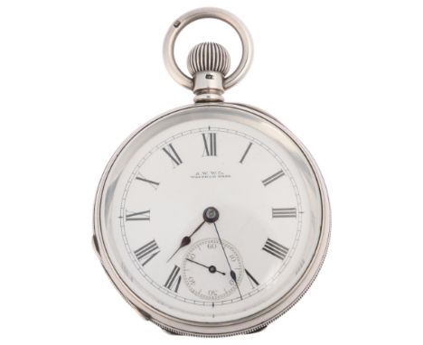 WALTHAM - a late 19th century silver open-face keyless pocket watch, white enamel dial with Roman numeral hour markers, blued