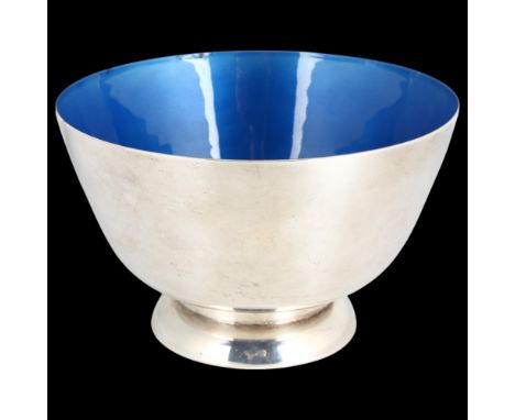 An Art Deco American sterling silver blue enamel pedestal bowl, Towle Silversmiths, circular flared form, 12.5cm, 6.8oz . Con