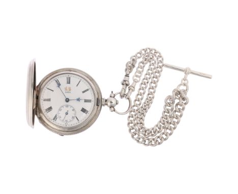 A Chinese silver full hunter key-wind pocket watch, white enamel dial with Roman numeral hour markers, blued steel fleur-de-l