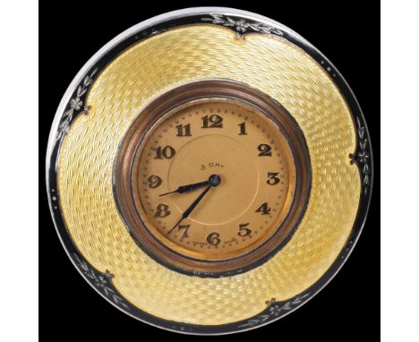 An Art Deco George V silver and enamel 8-day travelling clock, indistinct maker, Birmingham 1926, circular form, with champag