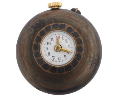 An Antique gunmetal lapel buttonhole mechanical watch, circa 1910, white enamel dial with hand painted Arabic numerals, gilt 