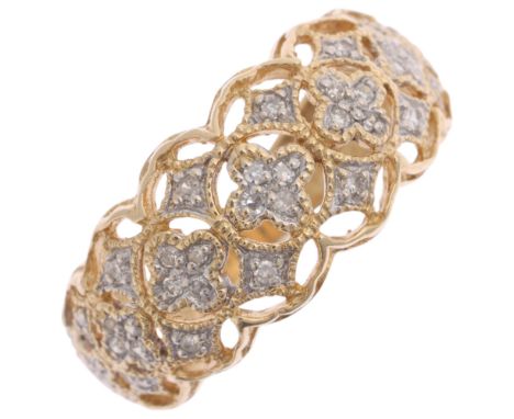 A Continental 9ct gold diamond openwork band ring, pave set with single-cut diamonds, setting height 9.7mm, size N, 3.2g . Co