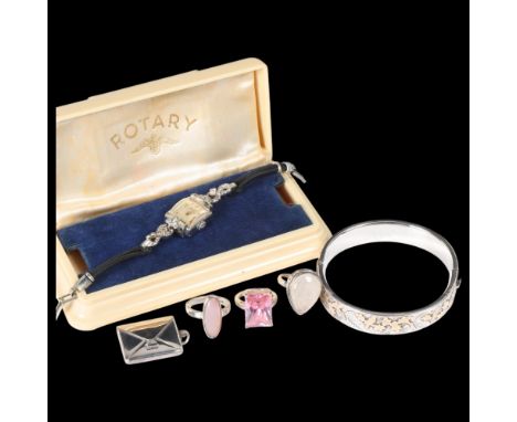 Various jewellery, including silver and gold hinged bangle, silver envelope stamp case, etc . Condition Report:Lot sold as se