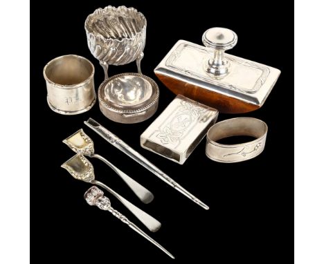 Various Scandinavian silver, including desk blotter, salt cellar, napkin rings, matchbox holder, etc, 5.6oz weighable . Condi