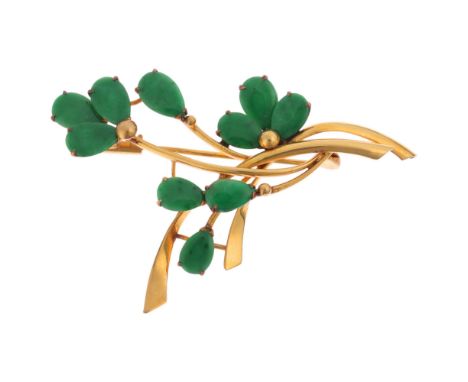 A Chinese 20ct gold jade floral spray brooch, set with pear cabochon jade, unmarked mount tests as 20ct, 50.1mm, 6.5g, in C K