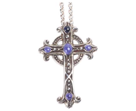 A large sterling silver amethyst Celtic cross pendant necklace, by Lexi Dick, London 1998, set with round and oval cabochon a