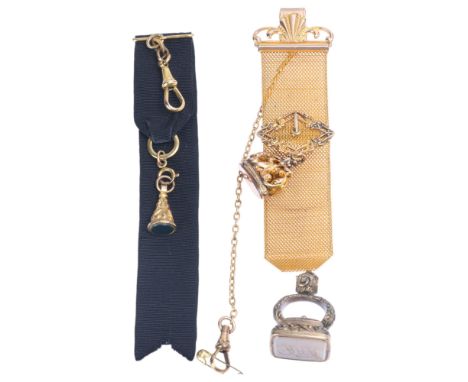 Various Antique fobs, including gold plated mesh lapel example, 11.5cm (3) . Condition Report:Lot sold as seen unless specifi