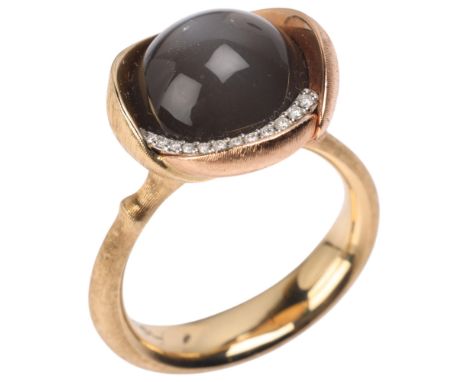 OLE LYNGGAARD - a Danish 18ct two-colour gold grey moonstone diamond 'Lotus Ring 3' designed by Charlotte Lynggaard, the text