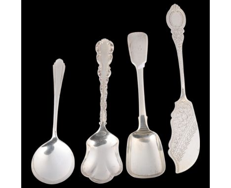 Various silver flatware, including preserve spoon, shovel spoon, butter knife, etc, 3oz total . Condition Report: No damage o
