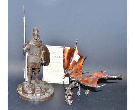 A Phill Hazard sculptural model dragon, signed; a Heredities limited edition figure, King Arthur, with certificate