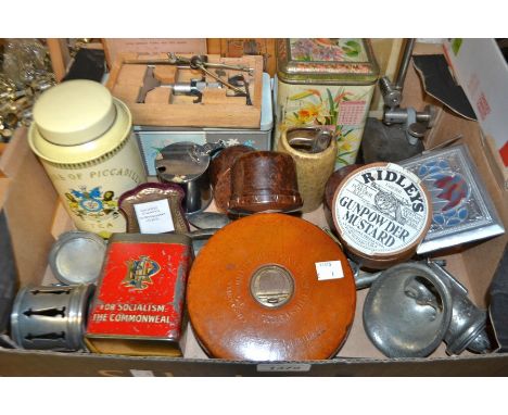 Boxes and Objects - a set of three bakelite cylindrical jars and covers, c.1930; briddle leather tape measure/disc; flatware,