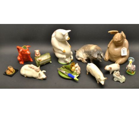 A Beswick novelty sow and piglet model, a Beswick pig Ch. Wall Queen, other comical pig models, a Carlton Ware satirical pig 