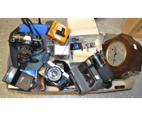 Cameras - Fujica ST605N SLR body, 25-50 and 200mm lenses; another, Olympus OM10; light meter; etc.; quantity