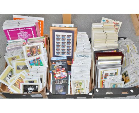 Stamps - First day cover postcards; Philatelic buletin; stamps, used and un-used (3 boxes)