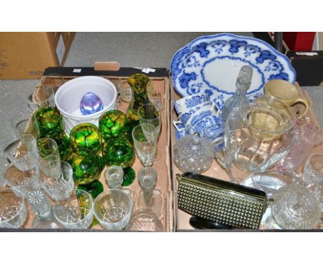 Ceramics and Glass - A set of four Italian Spode breakfast cups and saucers;  set of six wine glasses and carafe, hand painte