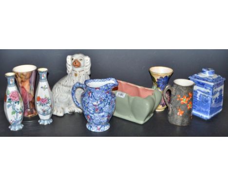 Ceramics - A Ringtons willow pattern tea caddy; a floral water jug similar; a pair of Losol ware vases; a Staffordshire mantl