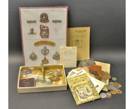 Militaria - cap badges, Royal Armoured Corps, 15/19 King Hussar's  ephemera, menus; 1951 crown, boxed; coins; a silver footba