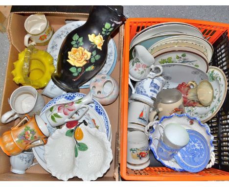 A Victorian Yellow pressed glass vase, ceramic plates and vases, qty