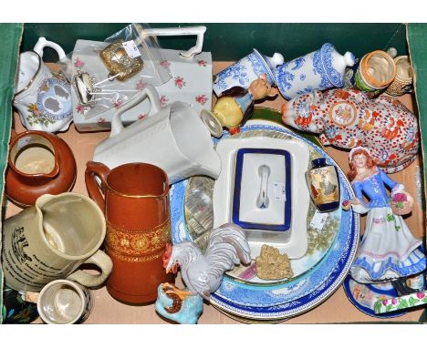 A Franklin Mint figure, The Covent Garden Strawberry Girl; a Beswick Pigling Bland model; two Spode blue and white spice jars