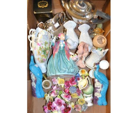 A Royal Doulton lady figure, Charmian, HN1948; a Sylvac pixie novelty; Staffordshire floral decorations; an EPBM three piece 