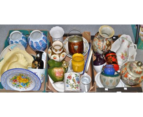 A Royal Winton wash jug and bowl; another, Sadler; a Old Foley Chenese Rose planter; an oak and EPNS biscuit barrel; an Orien