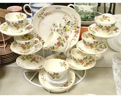 A Copeland Spode tea service for six, comprising cake plate; side plates, cream jug, sugar bowl, five cups and six saucers.