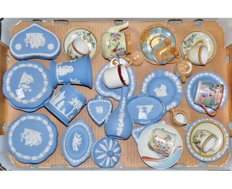 Ceramics - a Wedgwood pale blue jasperware trinket box & cover;  others, vases, dishes, etc;  Japanese cups etc qty