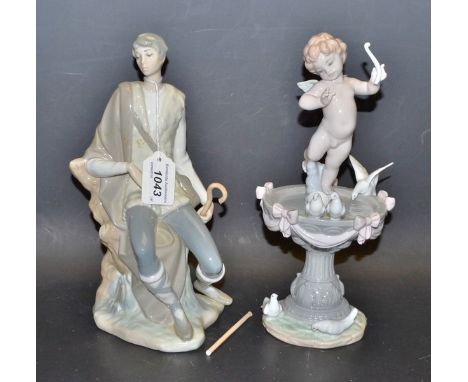A Lladro figure Fountain Of Love, No 06458, boxed;  another Seated Shepard on a Tree Trunk (2)