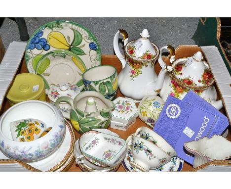 Ceramics - A Royal Albert Old Country Roses teapot and water jug ; a Royal Crown Derby Carlton red breakfast cup and saucer; 