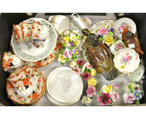 An Edwardian Imari palette tea set for six; Staffordshire floral decorations; Royal Crown Derby Posie pattern trinket dishes;