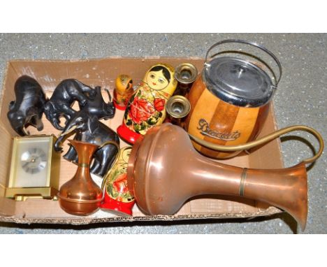 Boxes and Objects - A Matryoshka doll; elephant models; an oak and EPNS biscuit barrel; copper and brass ware; a carriage clo